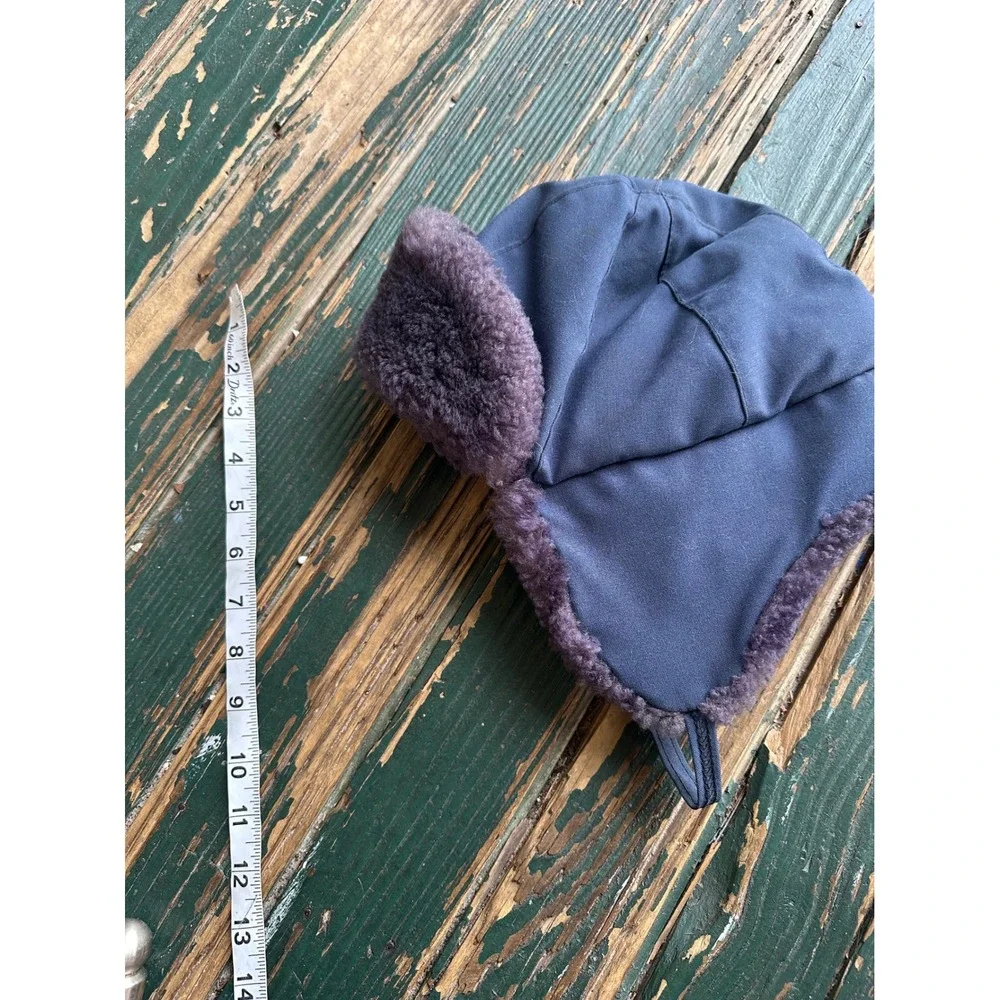 Vintage Blue Canvas Trapper Hat Purple Faux Fur Trim Aviator Ear Flap Cap